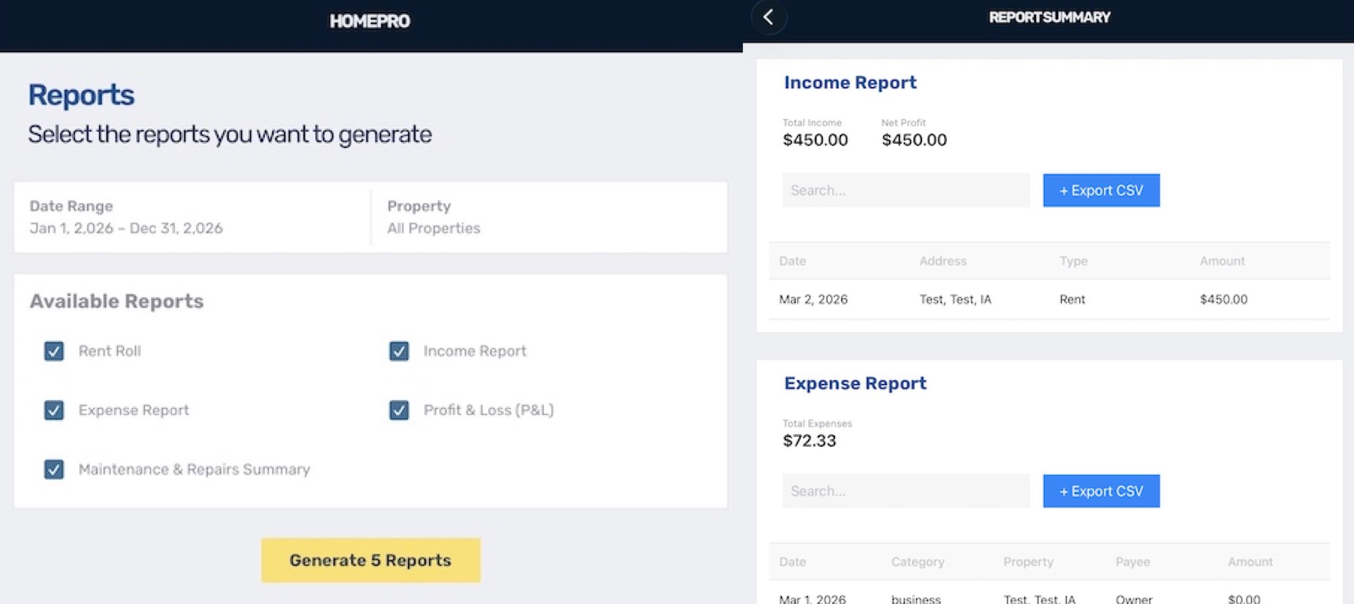 Reporting dashboard highlighting landlord app features for rental performance, and portfolio visibility